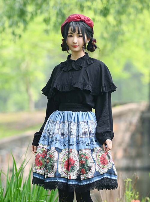 Retro Flowers Printing Classic Lolita Black Lace Blue Skirt