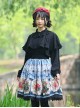 Retro Flowers Printing Classic Lolita Black Lace Blue Skirt