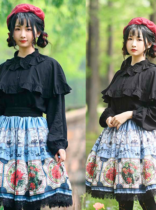 Retro Flowers Printing Classic Lolita Black Lace Blue Skirt