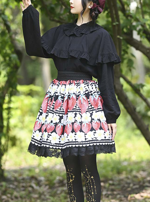 Red Strawberry White Flowers Printing Sweet Lolita Cute Lace Black Skirt