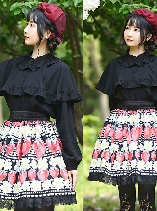 Red Strawberry White Flowers Printing Sweet Lolita Cute Lace Black Skirt