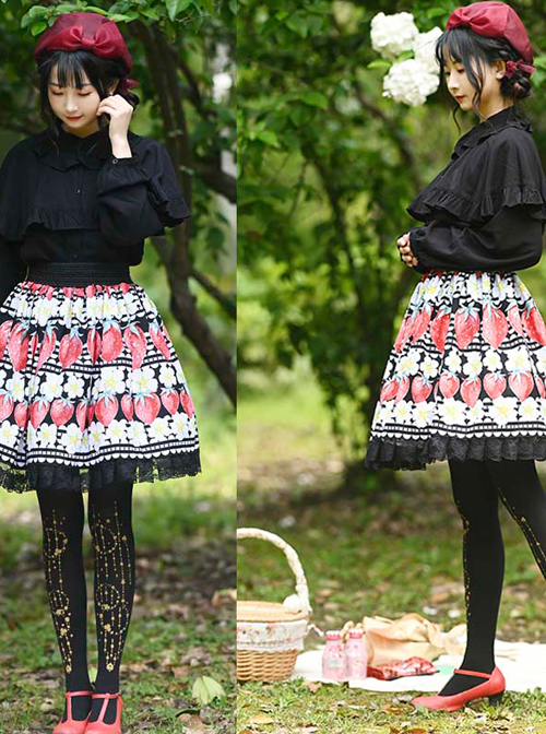 Red Strawberry White Flowers Printing Sweet Lolita Cute Lace Black Skirt