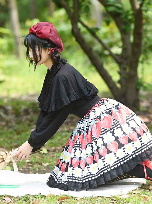 Red Strawberry White Flowers Printing Sweet Lolita Cute Lace Black Skirt