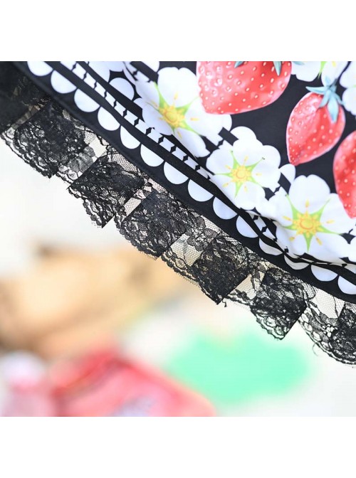 Red Strawberry White Flowers Printing Sweet Lolita Cute Lace Black Skirt