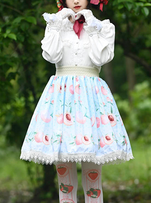 Honey Peach Printing Sweet Lolita White Lace Blue Stripe Skirt