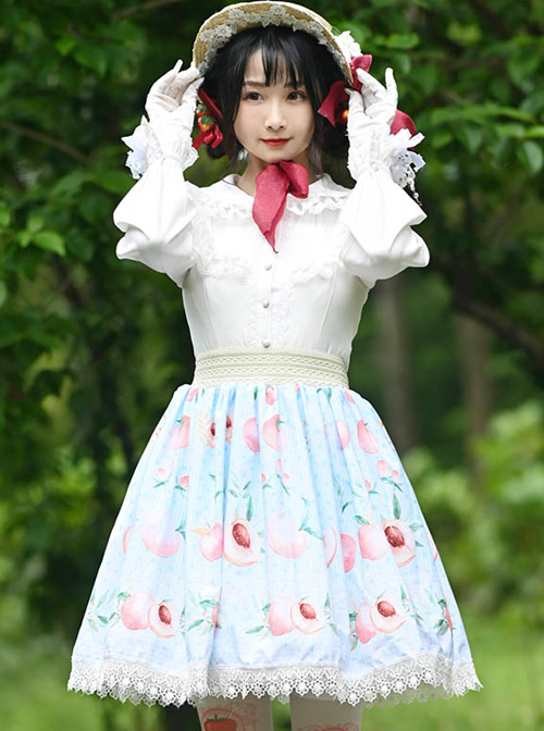 Honey Peach Printing Sweet Lolita White Lace Blue Stripe Skirt