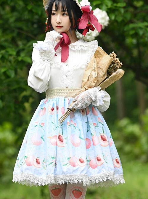 Honey Peach Printing Sweet Lolita White Lace Blue Stripe Skirt