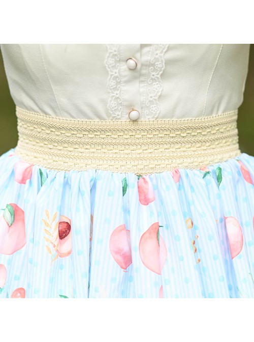 Honey Peach Printing Sweet Lolita White Lace Blue Stripe Skirt