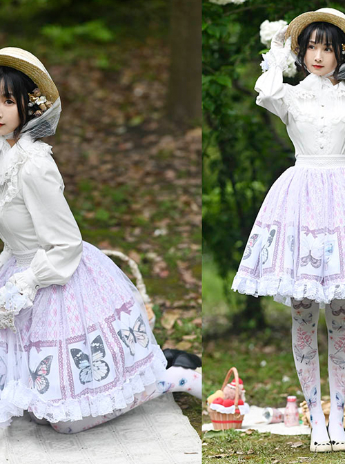 Gentle Butterfly Printing Classic Lolita White Lace Purple Skirt