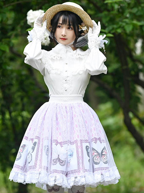 Gentle Butterfly Printing Classic Lolita White Lace Purple Skirt