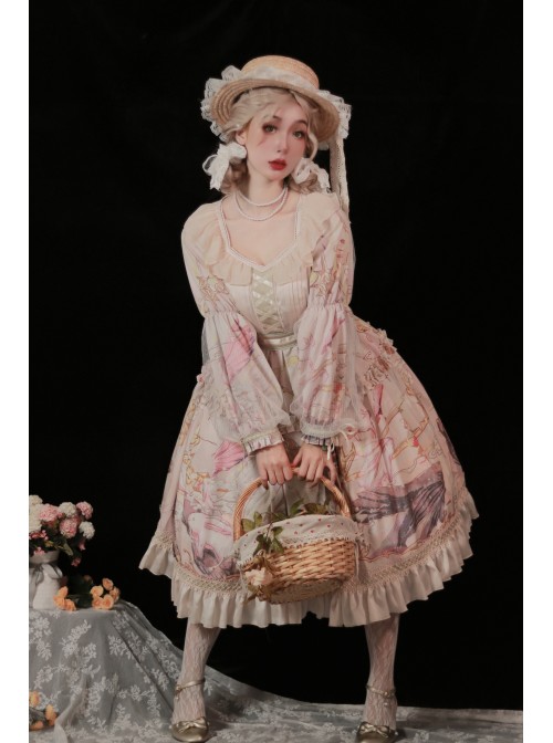 Beginning Of Sun And Moon Series OP Vintage Printing Elegant Classic Lolita Long Sleeve Dress