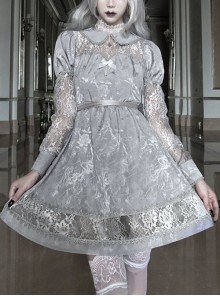 Rose Funeral Series White Gothic Lolita Dirty Dyed Jacquard Cute Doll Collar Long Sleeve Dress