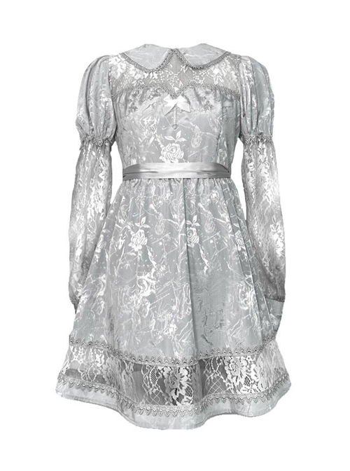 Rose Funeral Series White Gothic Lolita Dirty Dyed Jacquard Cute Doll Collar Long Sleeve Dress