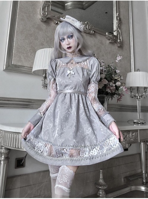 Rose Funeral Series White Gothic Lolita Dirty Dyed Jacquard Cute Doll Collar Long Sleeve Dress