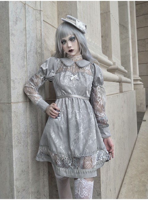 Rose Funeral Series White Gothic Lolita Dirty Dyed Jacquard Cute Doll Collar Long Sleeve Dress