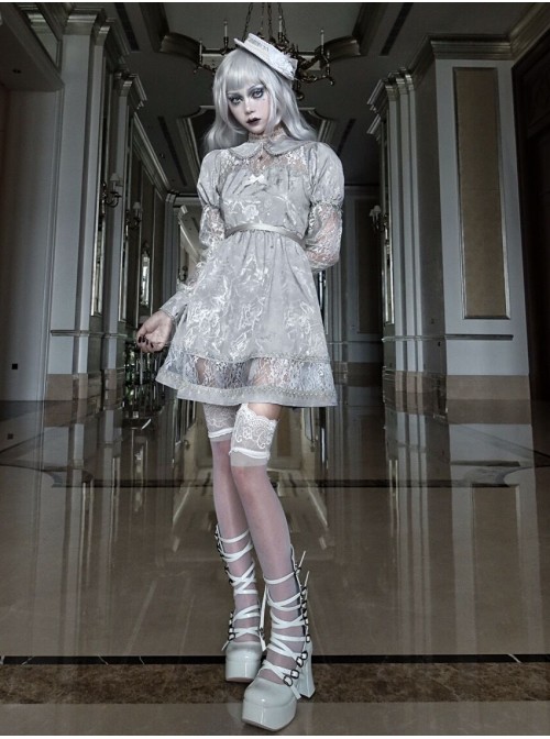 Rose Funeral Series White Gothic Lolita Dirty Dyed Jacquard Cute Doll Collar Long Sleeve Dress