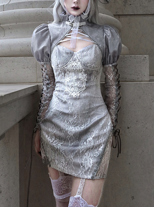 Rose Funeral Series White Gothic Dirty Dyed Heavy Workmanship Lace Hollow Gray Bottoming Sling Dress