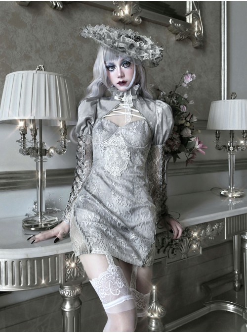 Rose Funeral Series White Gothic Dirty Dyed Heavy Workmanship Lace Hollow Gray Bottoming Sling Dress