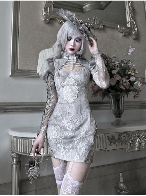 Rose Funeral Series White Gothic Dirty Dyed Heavy Workmanship Lace Hollow Gray Bottoming Sling Dress