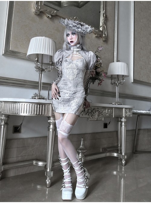 Rose Funeral Series White Gothic Dirty Dyed Heavy Workmanship Lace Hollow Gray Bottoming Sling Dress