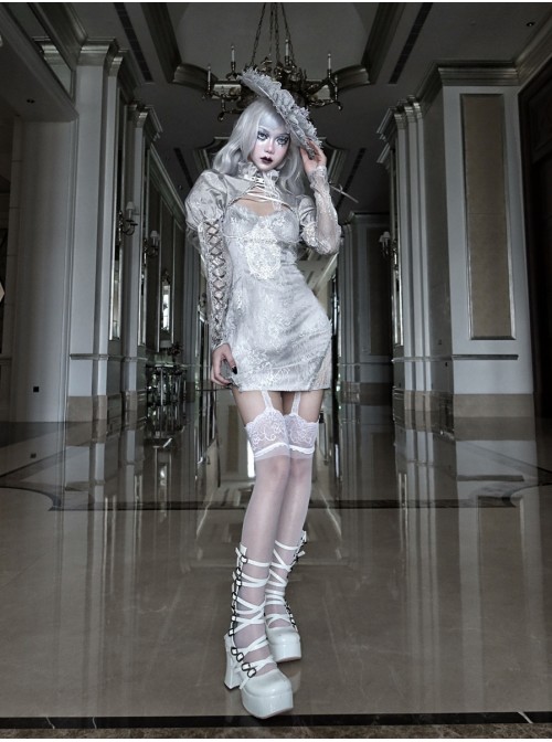 Rose Funeral Series White Gothic Dirty Dyed Heavy Workmanship Lace Hollow Gray Bottoming Sling Dress