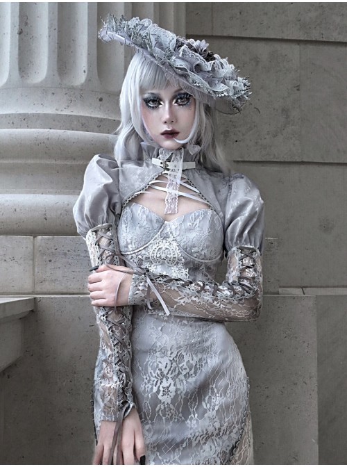 Rose Funeral Series White Gothic Dirty Dyed Jacquard Palace Silver Silk Palace Long Sleeve Gray Short Coat Autumn