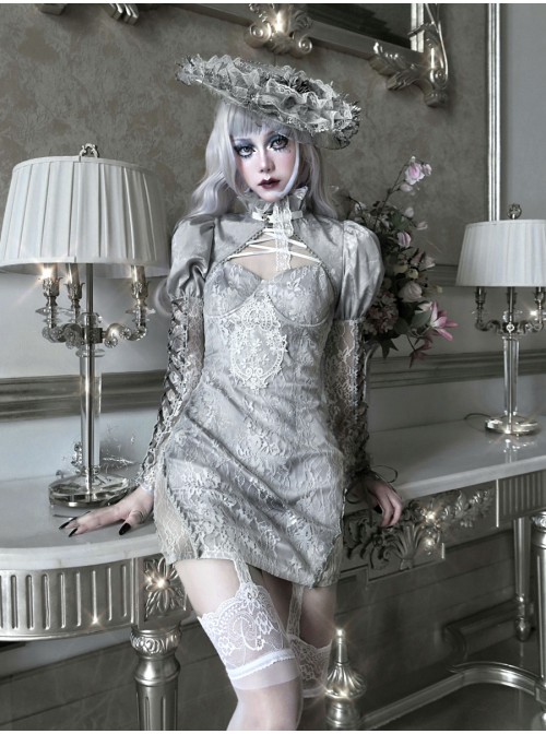 Rose Funeral Series White Gothic Dirty Dyed Jacquard Palace Silver Silk Palace Long Sleeve Gray Short Coat Autumn