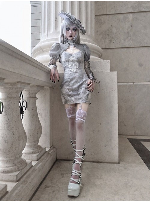 Rose Funeral Series White Gothic Dirty Dyed Jacquard Palace Silver Silk Palace Long Sleeve Gray Short Coat Autumn