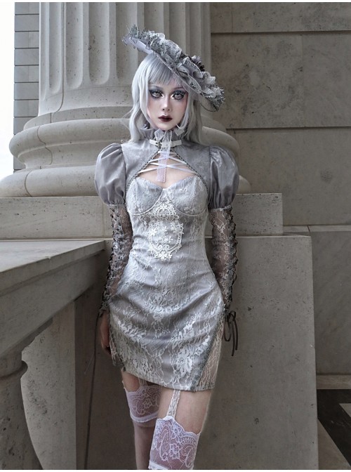 Rose Funeral Series White Gothic Dirty Dyed Jacquard Palace Silver Silk Palace Long Sleeve Gray Short Coat Autumn