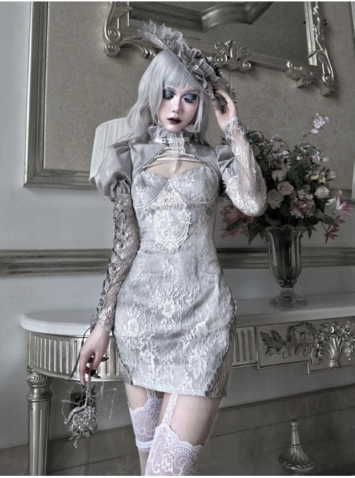 Rose Funeral Series White Gothic Dirty Dyed Jacquard Palace Silver Silk Palace Long Sleeve Gray Short Coat Autumn