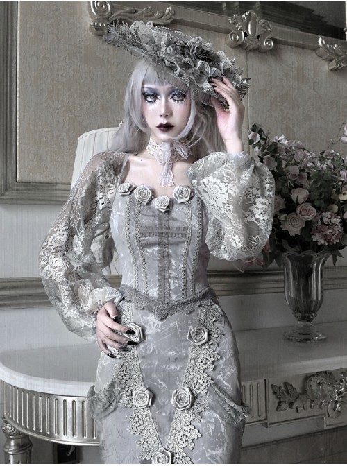 Rose Funeral Series White Gothic Dirty Dyed Lace Fishbone Jacquard Gray Lantern Sleeve Top