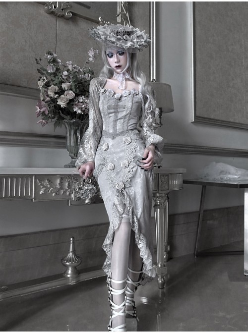 Rose Funeral Series White Gothic Dirty Dyed Lace Fishbone Jacquard Gray Lantern Sleeve Top