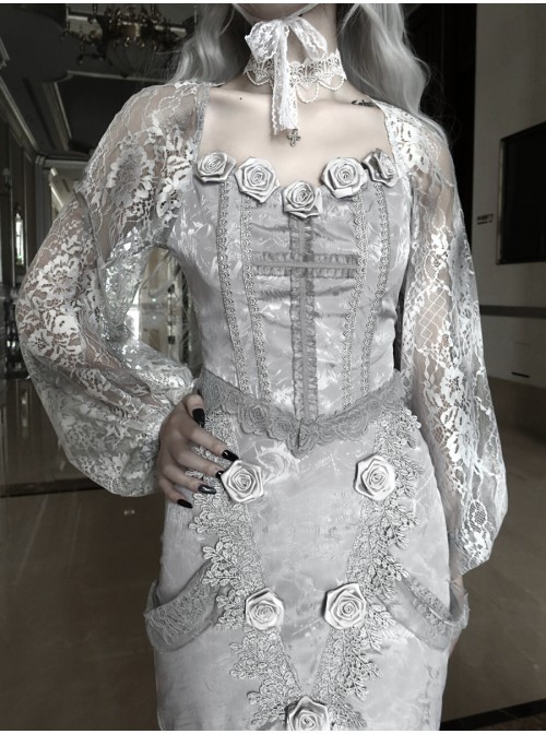 Rose Funeral Series White Gothic Dirty Dyed Lace Fishbone Jacquard Gray Lantern Sleeve Top