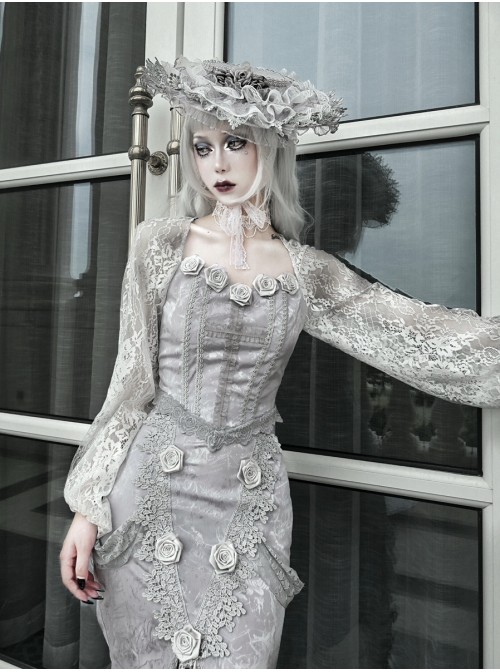 Rose Funeral Series White Gothic Dirty Dyed Lace Fishbone Jacquard Gray Lantern Sleeve Top