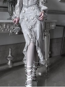 Rose Funeral Series White Gothic Dirty Dyed Lace Rose Palace Slit Wrap Hip Gray Fishtail Long Skirt