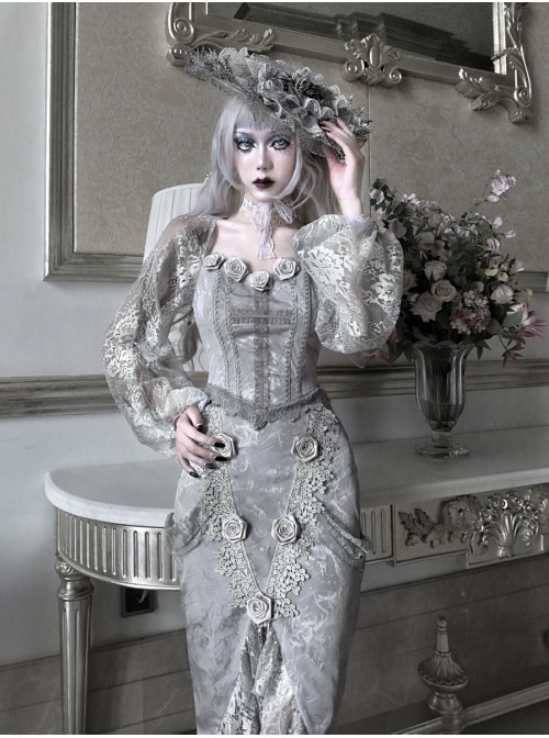 Rose Funeral Series White Gothic Dirty Dyed Lace Rose Palace Slit Wrap Hip Gray Fishtail Long Skirt