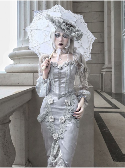 Rose Funeral Series White Gothic Dirty Dyed Lace Rose Palace Slit Wrap Hip Gray Fishtail Long Skirt