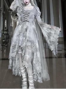 Rose Funeral Series White Gothic Lolita Dirty Dyed Heavy Workmanship Lace Halloween Court Classic Gray Dress