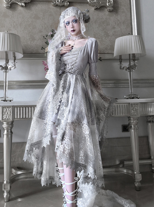 Rose Funeral Series White Gothic Lolita Dirty Dyed Heavy Workmanship Lace Halloween Court Classic Gray Dress