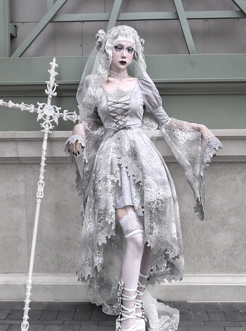 Rose Funeral Series White Gothic Lolita Dirty Dyed Heavy Workmanship Lace Halloween Court Classic Gray Dress