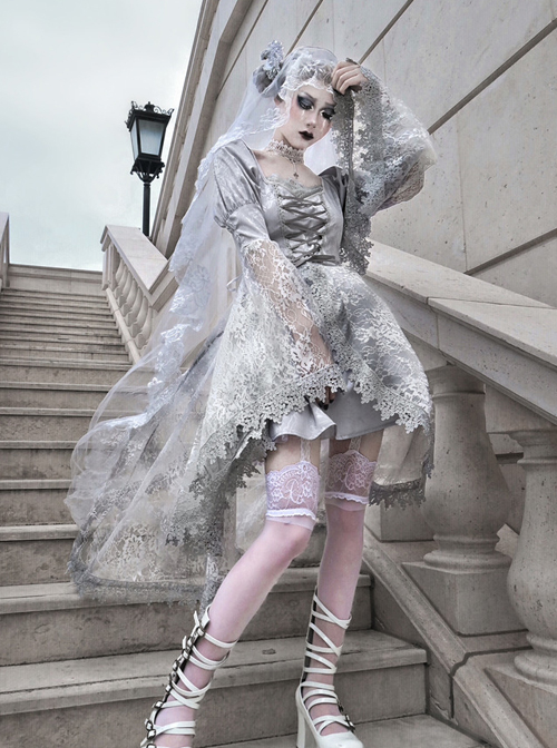 Rose Funeral Series White Gothic Lolita Dirty Dyed Heavy Workmanship Lace Halloween Court Classic Gray Dress