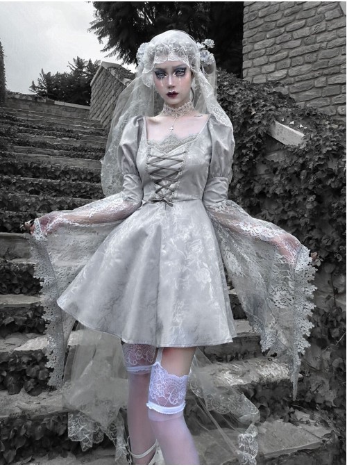 Rose Funeral Series White Gothic Lolita Dirty Dyed Heavy Workmanship Lace Halloween Court Classic Gray Dress