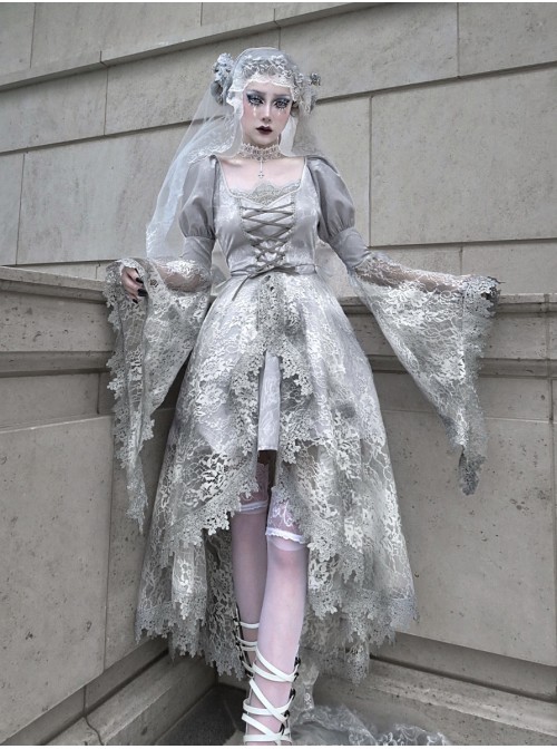 Rose Funeral Series White Gothic Lolita Dirty Dyed Heavy Workmanship Lace Halloween Court Classic Gray Dress