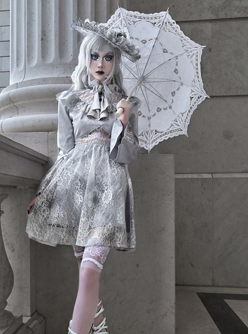 Rose Funeral Series White Gothic Dirty Dyed Halloween Belly Hollowed Out Medieval Gray Long Sleeve Dress