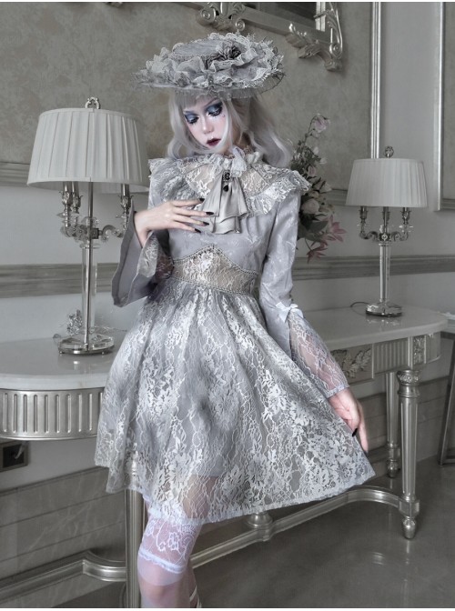 Rose Funeral Series White Gothic Dirty Dyed Halloween Belly Hollowed Out Medieval Gray Long Sleeve Dress