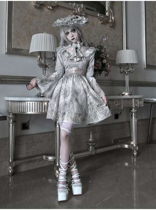 Rose Funeral Series White Gothic Dirty Dyed Halloween Belly Hollowed Out Medieval Gray Long Sleeve Dress