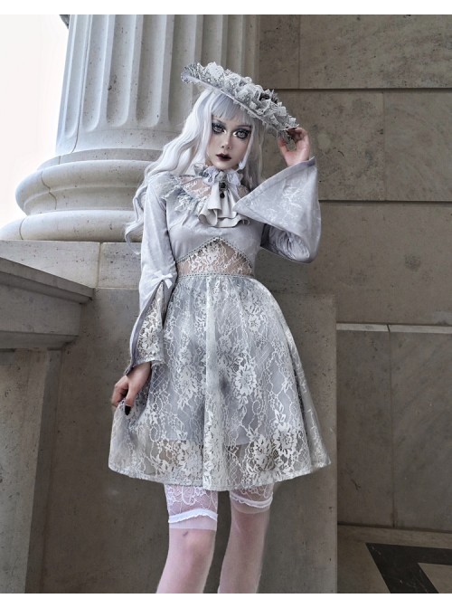 Rose Funeral Series White Gothic Dirty Dyed Halloween Belly Hollowed Out Medieval Gray Long Sleeve Dress