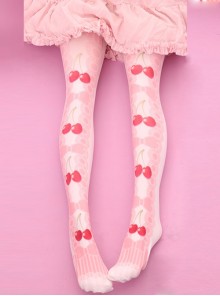 Cute Red Cherry And Pink Bowknot Printing Sweet Lolita White Stockings