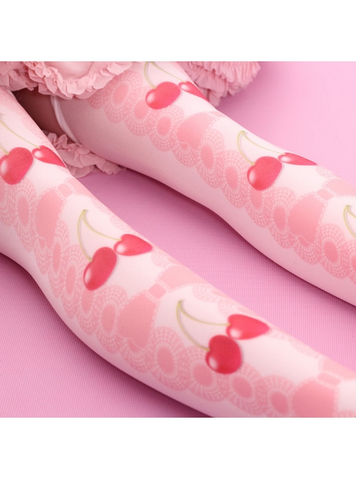 Cute Red Cherry And Pink Bowknot Printing Sweet Lolita White Stockings