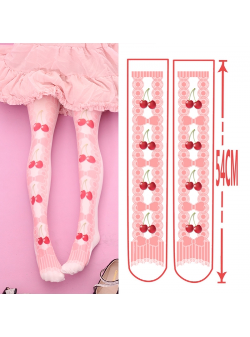 Cute Red Cherry And Pink Bowknot Printing Sweet Lolita White Stockings